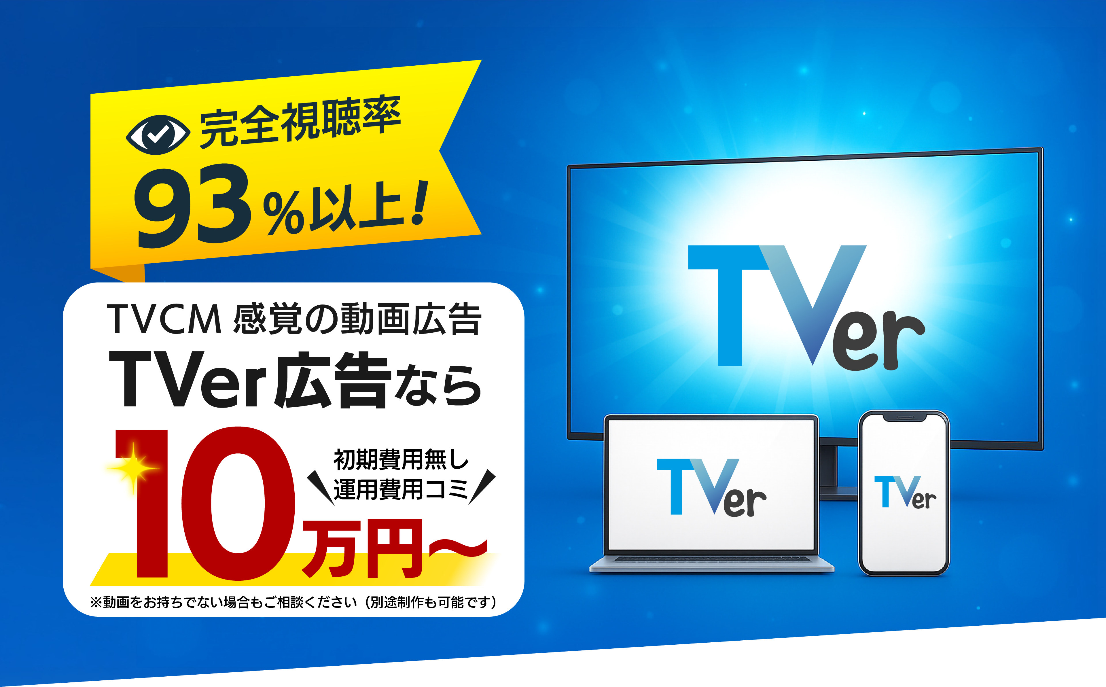 完全視聴率93%以上を強調したTVer広告のPR画像。初期費用なし、運用費込みで10万円から開始可能な動画広告プランを案内。テレビ・PC・スマホのTVerロゴ付き端末のビジュアル付き。」